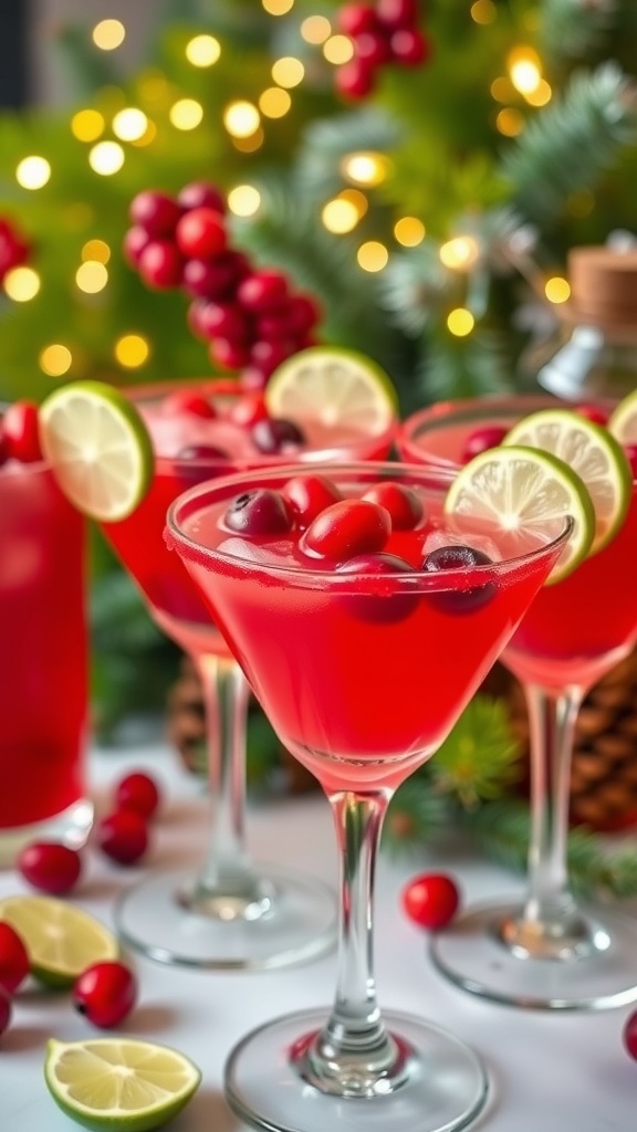 Festive tequila cocktails with cranberries and lime on a holiday-themed table.